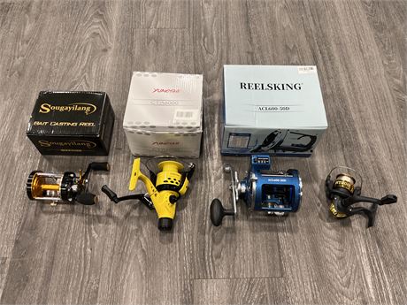 4 FISHING REELS - 3 ARE LIKE NEW W/BOXES