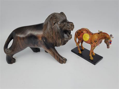 HAND WOOD CARVED LION/HAND CRAFTED AND PAINTED PONY BY CAL PEACOCK