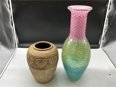 2 DECORATIVE VASES - MEXICAN & MIRRORED GLASS (18.5”)