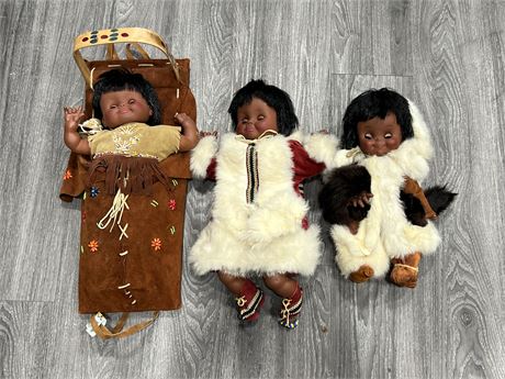 3 HANDMADE FIRST NATIONS DOLLS W/REAL FUR (Largest is 19”)
