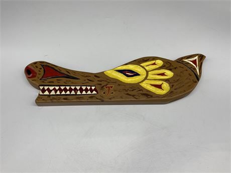 SIGNED WOOD WOLF FIRST NATIONS CARVINGS (17” long)