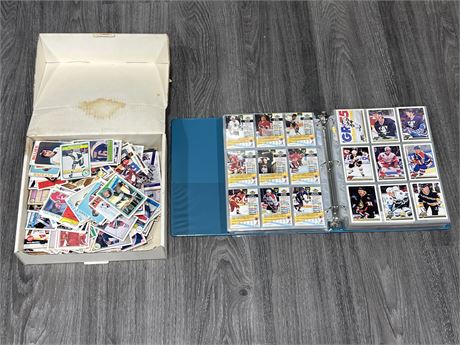 BOX OF VINTAGE NHL CARDS & BINDER OF NHL CARDS W/ROOKIES