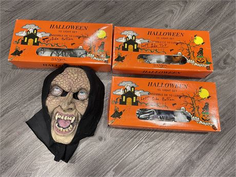 HALLOWEEN MASK + 3 BOXES OF BLOW MOLD HALLOWEEN LIGHTS