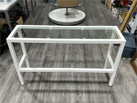 WHITE POWDER COATED STEEL & GLASS CONSOLE TABLE (51” wide)