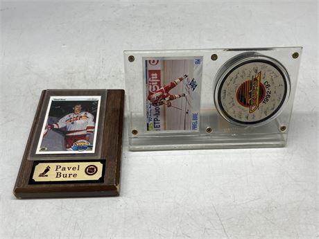 AUTOGRAPHED PAVEL BURE DRAFT CARD W/PUCK DISPLAY & YOUNG GUNS CARD ON PLAQUE