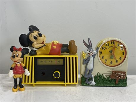 BUGS BUNNY CLOCK, MICKEY MOUSE RADIO (8”X9”) + MINNIE MOUSE DOLL