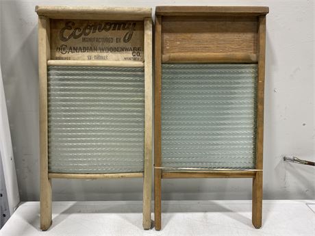 2 ANTIQUE WOODEN / GLASS WASHBOARDS (12”X24”)
