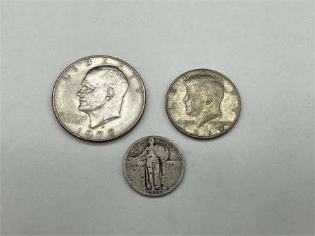 AMERICAN 1972 DOLLAR, 1969 HALF DOLLAR & 1928 QUARTER DOLLAR
