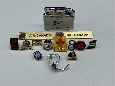 LOT OF VINTAGE AIR CANADA PINS & LIGHTER