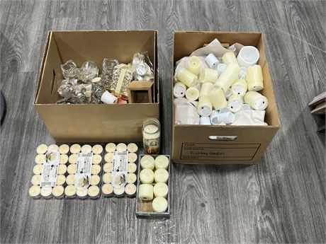 LOT OF CANDLES / CANDLE HOLDERS - 1 BOX IS BATTERY OPERATED CANDLES