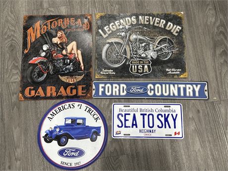 5 METAL DECOR SIGNS - LARGEST 12” X 16”