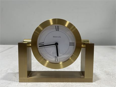 AUTHENTIC TIFFANY & CO. BRUSHED BRASS HEAVY CLOCK - 4.5” TALL 5.5” WIDE