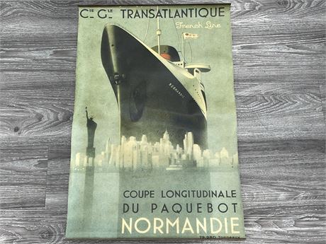 VINTAGE CANVAS BACKED AD POSTER — NORMANDIE FRENCH LINE (19”X28”)