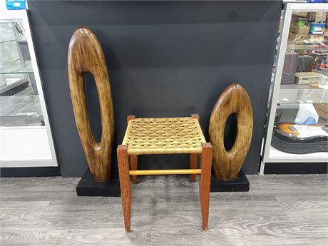 WOVEN STRING STOOL + 2 OVAL HOME DECOR PIECES - LARGER ONE IS 3FT TALL)