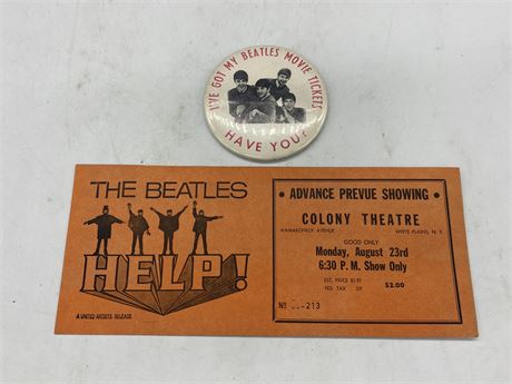 VINTAGE THE BEATLES HELP MOULE TICKET AND PIN BACK