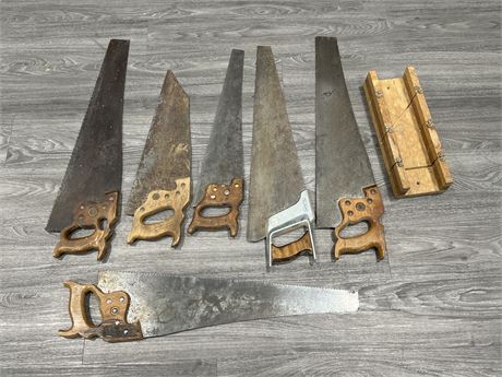 6 VINTAGE HAND SAWS + STANLEY ACCESSORY