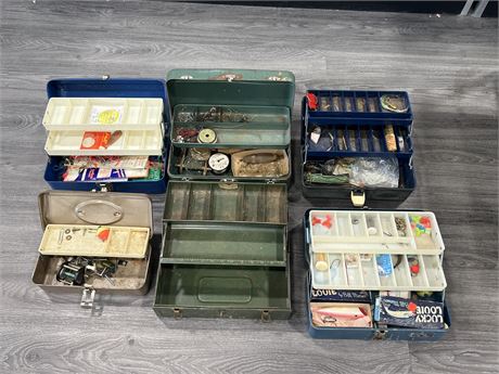 6 VINTAGE TACKLE BOXES - SOME W/ CONTENTS