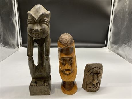 3 HAND CARVED WOOD SCULPTURES (Small one signed, middle one is heavy)