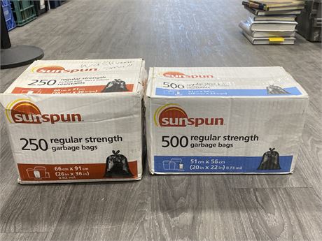 2 NEW BOXES OF SUNSPUN GARBAGE BAGS (750 BAGS TOTAL) (SPECS IN PHOTOS)