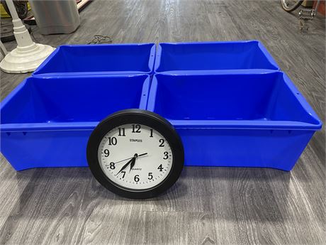 4 NEW OFFICE RECYCLING BINS & OFFICE CLOCK