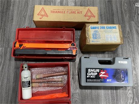 LOT OF VEHICLE SAFETY EQUIPMENT - TRIANGLE FLARE KITS, CHAINS, FLARES, ETC