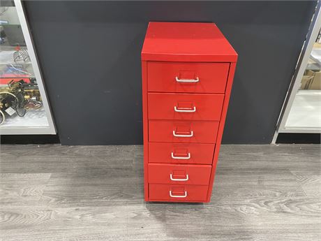 SMALL RED 6 DRAWER ROLLING CABINET 11”x16”x27”