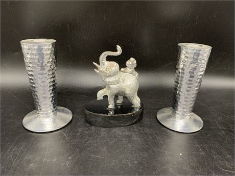 SILVER PLATED ELEPHANT ORNAMENT W/2 CANDLE STICKS
