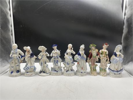 LOT OF 9 WHITE/BLUE PORCELAIN COLLECTIBLE FIGURES LARGEST 8”