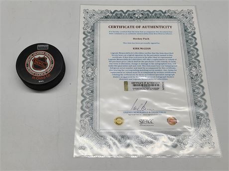 KIRK MCLEAN VANCOUVER CANUCKS SIGNED HOCKEY PUCK (with COA)