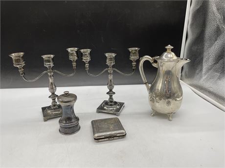 LOT OF 5 SILVER PLATED HOME DECOR INCL: CANDLE HOLDERS, SALT/PEPPER SHAKER, ECT