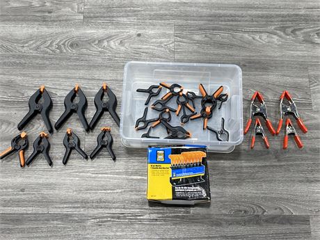 CONTAINER OF ASSORTED CLAMPS + 10PC METRIC T-HANDLE HEX KEY SET