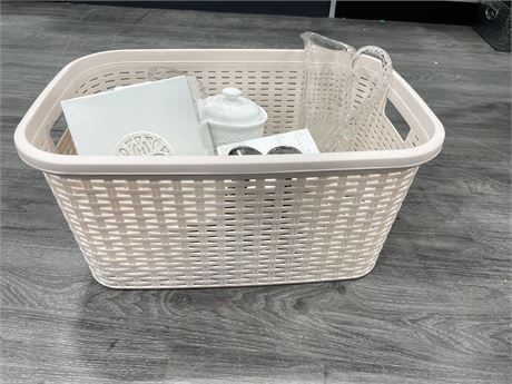 HOUSEHOLD LOT - LAUNDRY BASKET, RUG, COFFEE CANISTER, 2 TIN CHESTS,
