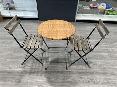 WROUGHT IRON FOLDABLE TABLE / CHAIRS SET - TABLE HAS 22” DIAM