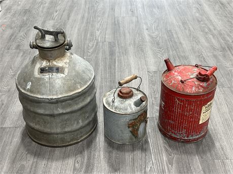 3 VINTAGE GALVANIZED FUEL CANS - TALLEST IS 19”