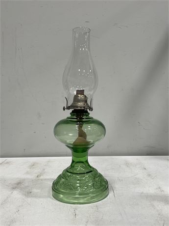 VINTAGE URANIUM GLOW GLASS OIL LAMP - 18” TALL