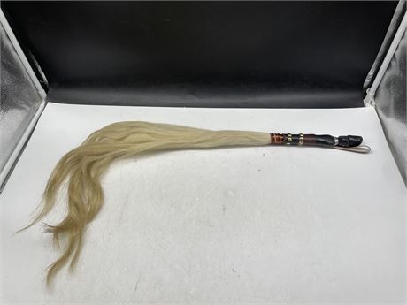 VINTAGE TRIBAL AFRICAN WHISK WHIP WITH WOOD CARVED HANDLE 30”