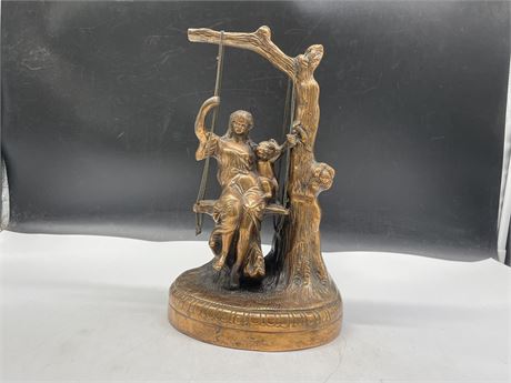 VINTAGE COPPER PLATED LADY ON TREE SWING STATUE (15”)