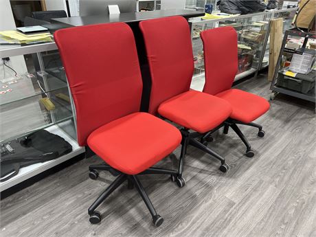 3 RED KNOLL BOARDROOM CHAIRS - 43” TALL (1 HAS HYDRAULIC ISSUES)