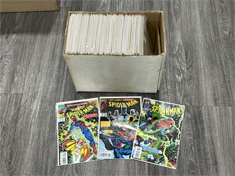 SHORT BOX OF SPIDERMAN COMICS - BAGGED & BOARDED, NO DOUBLES