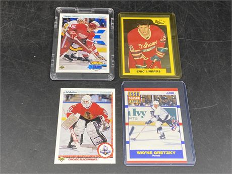 3 NHL ROOKIE CARDS & GRETZKY POINT LEADER CARD