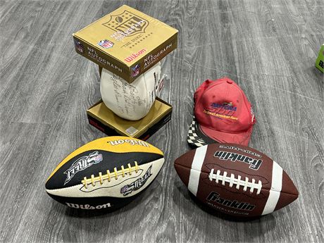 AUTOGRAPHED NFL FOOTBALL, AUTOGRAPHED DAYTONA HAT & 2 FOOTBALLS
