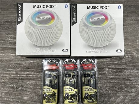 2 NEW/SEALED BLUETOOTH MUSIC PODS & 3 NEW MAXELL EARBUDS