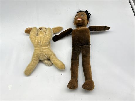 NORA WELLING AFRICAN AMERICAN ANTIQUE CLOTH DOLL (15”) & STEIFF BUNNY - NO TAG