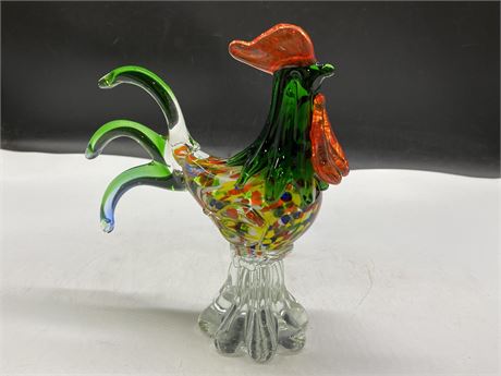 MURANO STYLE GLASS ART ROOSTER - 9” TALL