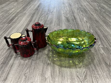 LARGE CARNIVAL GLASS BOWL + TEAPOTS (CARNIVAL GLASS BOWL IS 12” WIDE)
