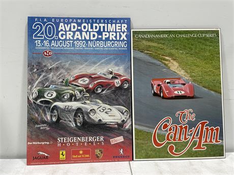 2 VINTAGE CAR RACING POSTERS INCL: EUROPEAN GRAND PRIX & CAN-AM LARGEST 23”x32”