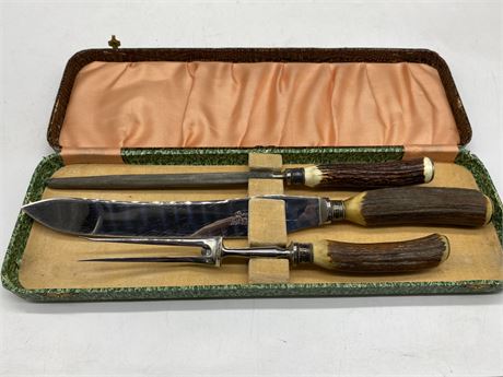 1930s STAG HORN HANDLE 3 PCE CARVING SET
