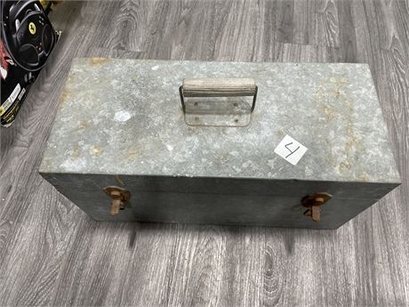 ANTIQUE TOOL BOX WITH HINDGE, DOOR KNOBS, CAST IRON + MORE