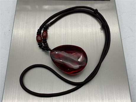 LARGE RED RECONSTITUTED CHERRY AMBER W/SCORPION INLAY PENDANT NECKLACE