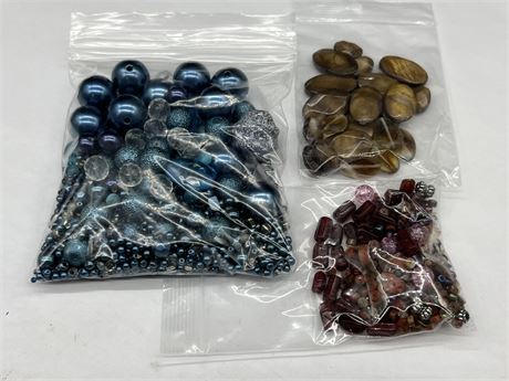 3 BAGS OF OLD BEADS, CRYSTAL, AGATE, ETC